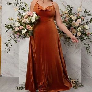 Draped Collar Crisscross Back Velvet Terracotta Prom Formal Bridesmaid Dress